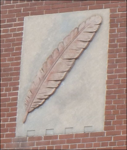 Red feather logo on the Red Feather building in Westmount, Quebec.